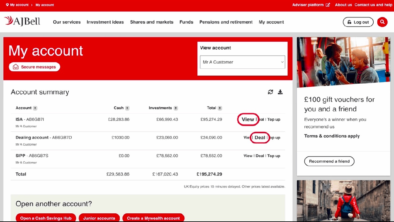 AJ Bell platform logged in account view
