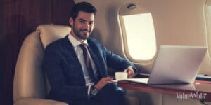 businessman flying in an aeroplane