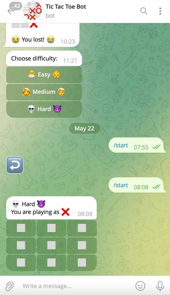 Tic Tac Toe Bot on Telegram