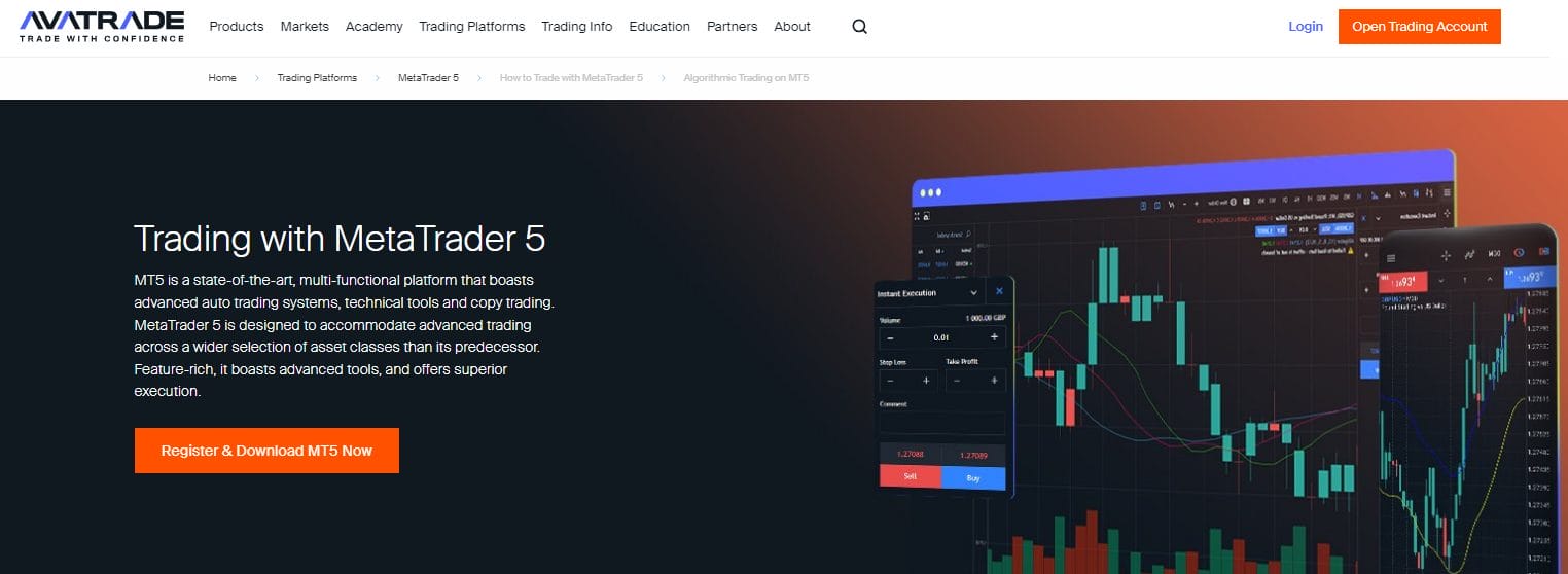 A screenshot of the MetaTrader 5 page on the AvaTrade website