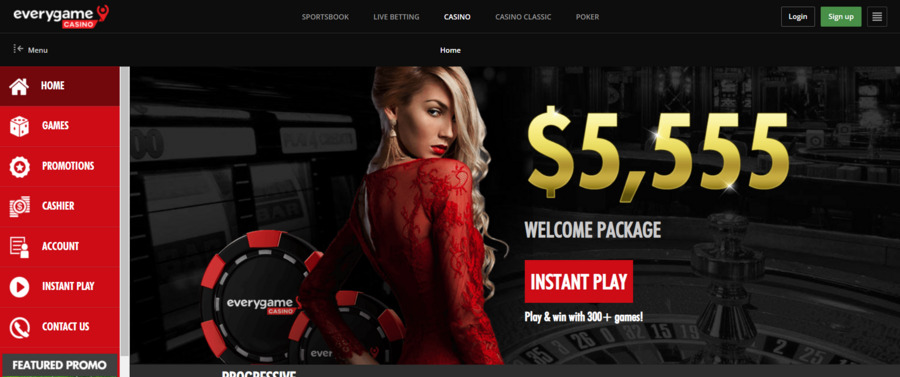 Everygame’s website features separate verticals for its casino, classic casino, and poker games.