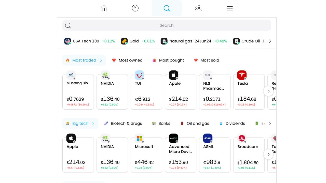 A screenshot of Trading 212 showing various stocks available.