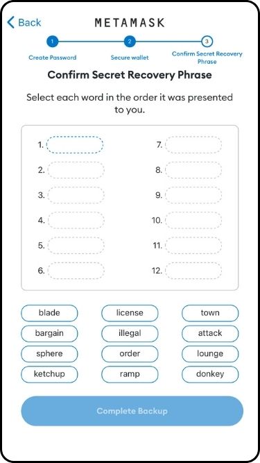Confirm Seed Phrase for crypto wallet stage on MetaMask 