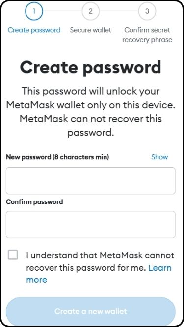 A screenshot of the 'create new wallet' stage on the Metamask website