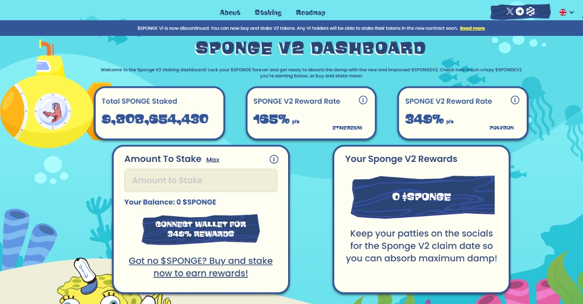 Screenshot of staking rewards dashboard for $SPONGE