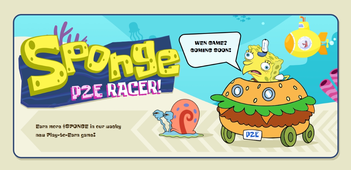 A screenshot of a marketing poster for the Sponge P2E game from the Sponge website