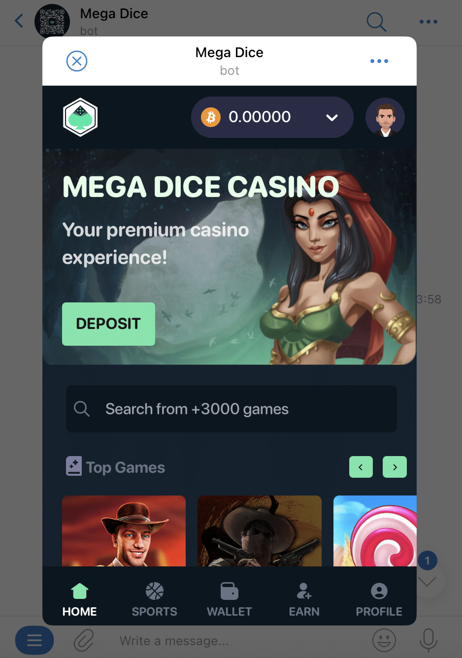 A screenshot of Mega Dice in the Telegram mobile app