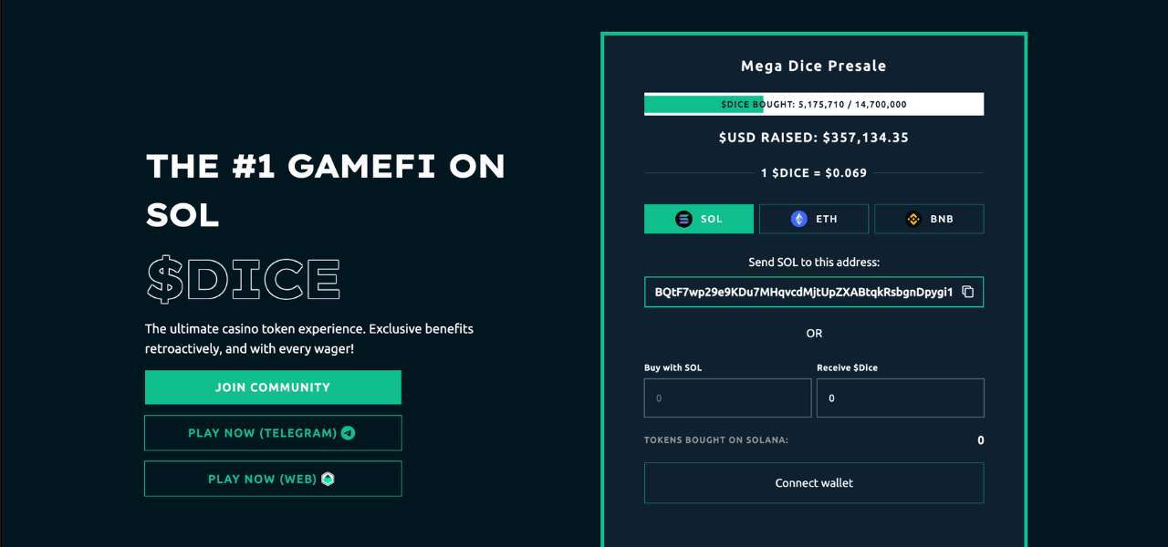 A screenshot of the Mega Dice presale screen