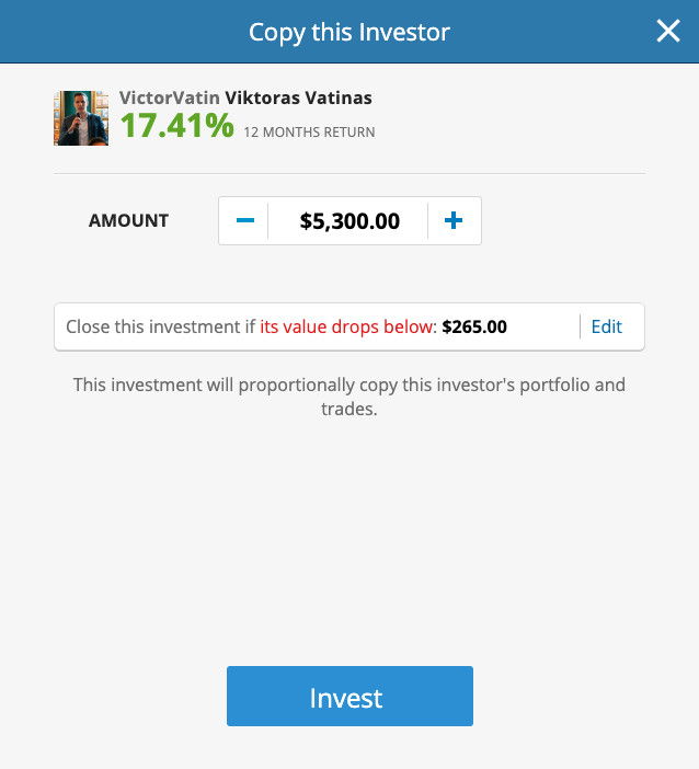 A screenshot demonstrating the copy trading feature on eToro