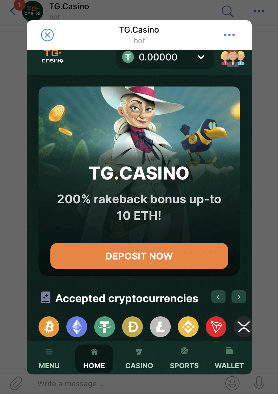 A screenshot of TG,Casino in the Telegram mobile app