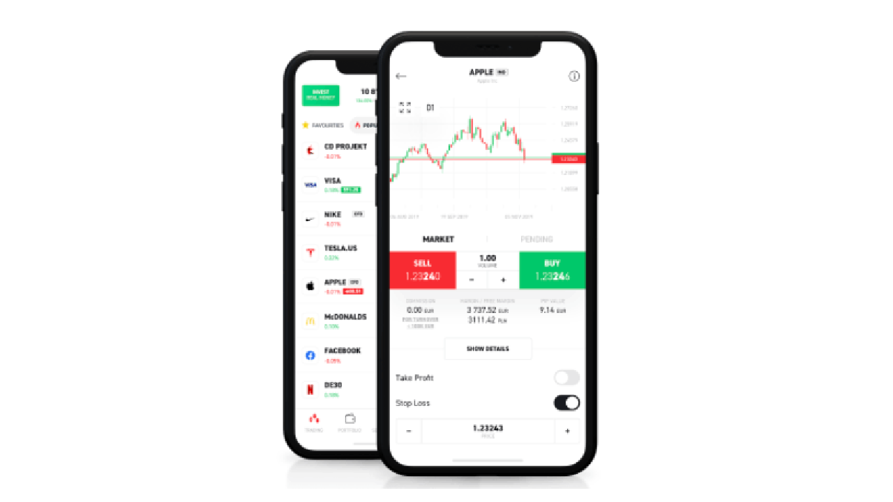 XTB mobile platform interfaces on two screens